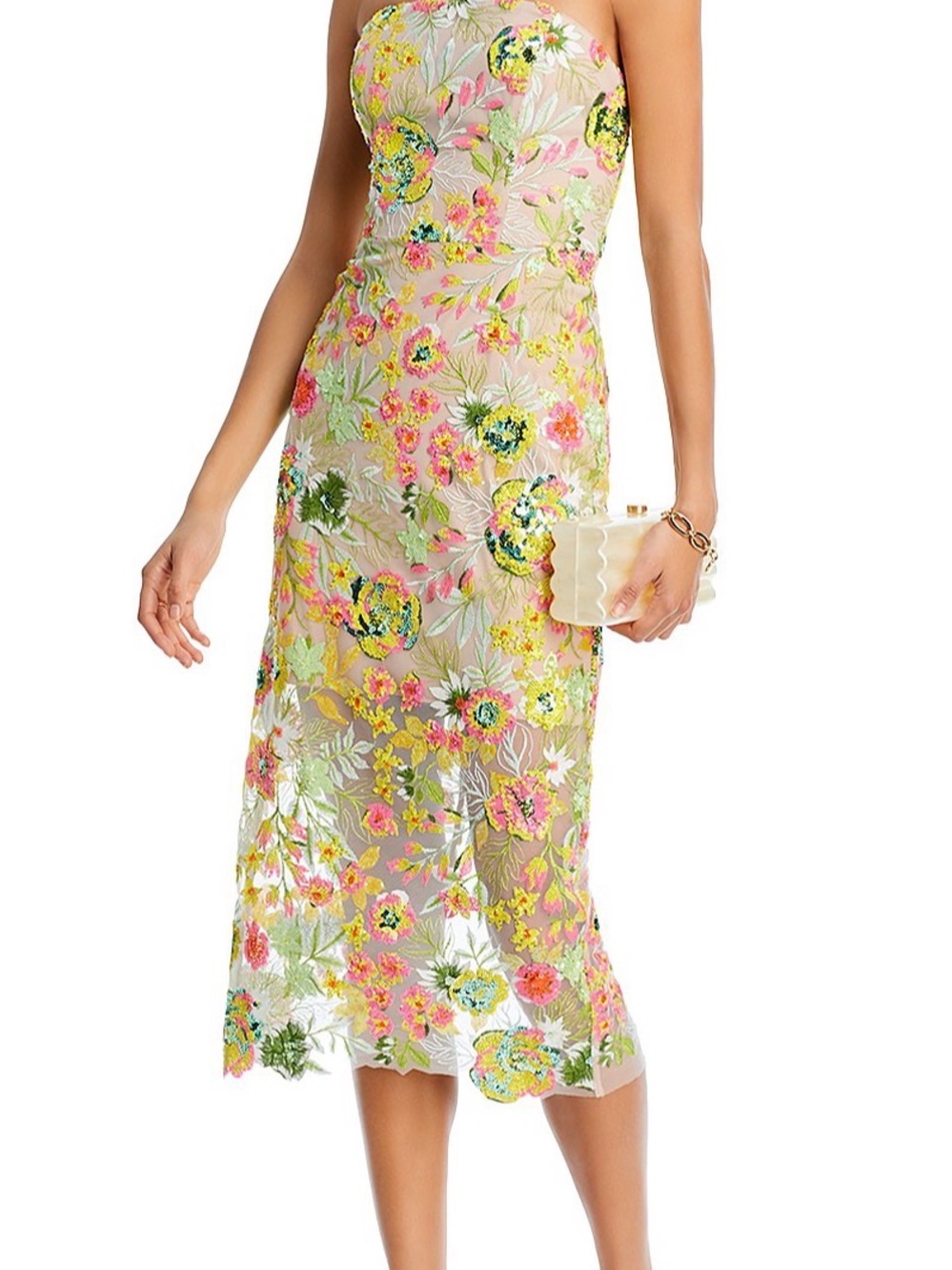 Milly Strapless Floral Embroidered Midi Dress in Pink, Green & Cream